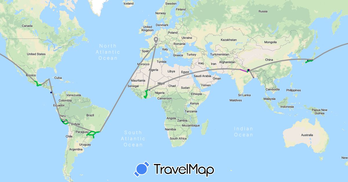 TravelMap itinerary: driving, bus, plane, train, hiking, boat in Burkina Faso, Brazil, Côte d'Ivoire, Costa Rica, France, India, Japan, Mexico, Nepal, Peru (Africa, Asia, Europe, North America, South America)