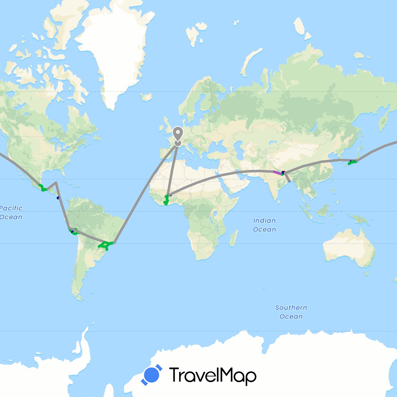 TravelMap itinerary: driving, bus, plane, train, hiking, boat in Burkina Faso, Brazil, Côte d'Ivoire, Costa Rica, France, India, Japan, Mexico, Nepal, Peru (Africa, Asia, Europe, North America, South America)